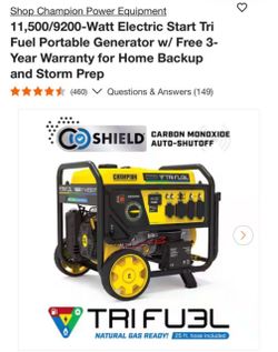 Champion 11,500/9200-Watt Electric Start Tri Fuel Portable Generator w/ Free 3-Year Warranty for Home Backup and Storm Prep like new  As Is