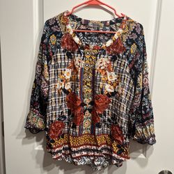 Figuerca & Flower Top Women’s Size XL Floral Tunic Boho Shirt Art Artsy. 