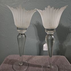 Pair of Vintage Frosted Glass Candle Holders