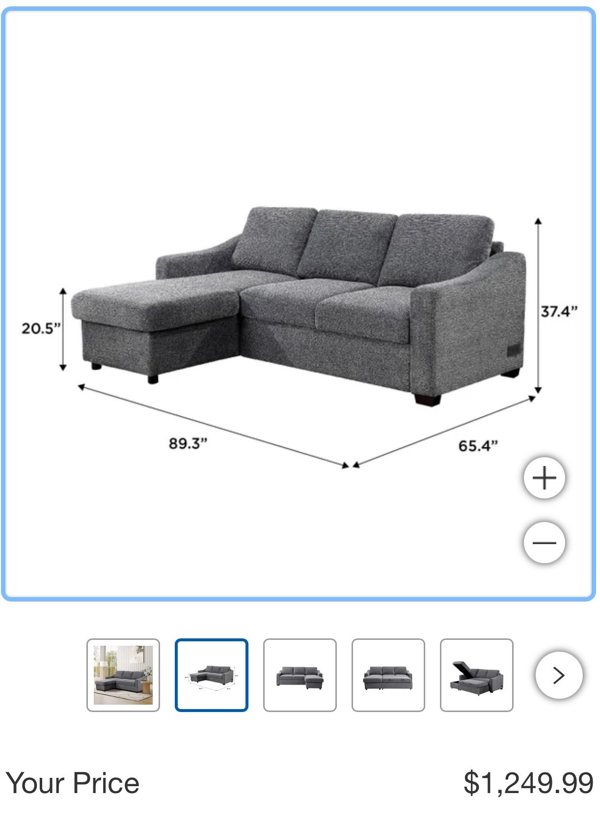 Coddle Aria Fabric Sleeper Sofa with Reversible Chaise and Storage, Gray