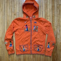 NWT VTG Y2K Lucky Brand Hoodie Sweatshirt Mexican Embroidered Dungarees Sz. XL
