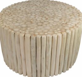 Solid Wood Cylindrical Slatted Natural Texture Living Room Coffee Table W/ Glas