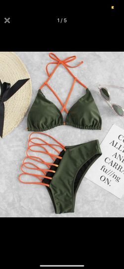 NEW Army Green w/ Orange Criss cross cut out Bikini / SIZE XL