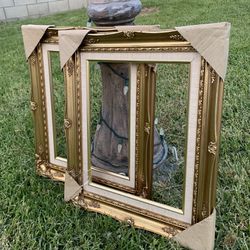 Pair of Antique Gold Ornate Baroque Wood & Gesso Picture Frames w/ Cream Linen Liner, Vintage Style