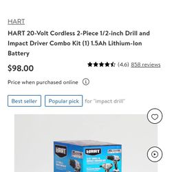 
HART 20-Volt Cordless 2-Piece 1/2-inch Drill and Impact Driver Combo Kit (1) 1.5Ah Lithium-Ion Battery