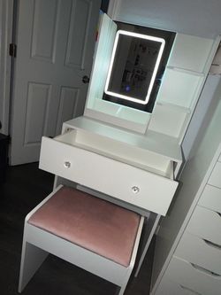 White Vanity Desk with LED Mirror and Stool