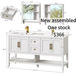😀 60 Inch Double Sink Bathroom Vanity Set with Faucet & Mirror Cabinet, White, Towel Bar, Storage Shelf, Drawers, Curved Wrapping Design, Double Sink