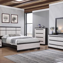 Queen Bedroom Set 4 Pc Includes: Dresser, Mirror, Nightstand, & Queen Bed Frame 