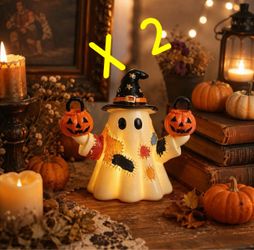 2 PCS Halloween Ghost Figurine with Witch Hat, Light Up Cute Ghost Decor
