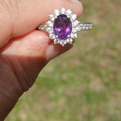 Lusaka Amethyst And Wite Zircon Ring. Size 10, Rhodium Over Sterling Silver.