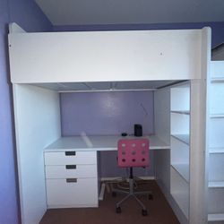 Loft bed, Mattress, Desk, Drawers, Wardrobe, Bookcase, and Chair