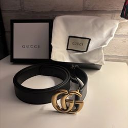 Gucci Women Classic Marmont GG Gold Buckle Width 3.0cm Black Leather Belt 90/363