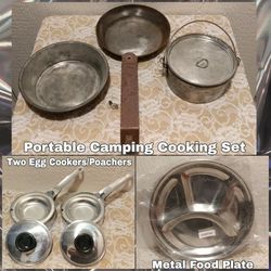 CAMPING COOKING SET, TWO CAMPING EGG COOKERS / POUCHERS + FOOD PLATE (READ) 
