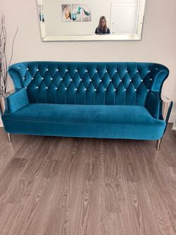 Teal Velvet Tufted Sofa with Crystal Buttons