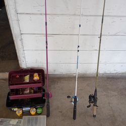 3 Fishing Poles And Tackle Box $40