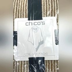 NEW Chico's Beige Tan Striped Throw Blanket Cowl Neck Poncho Sweater Wrap Shawl