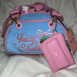 Juicy Couture Retro Strawberry Satchel Bag blue gleam Coin Purse Terry