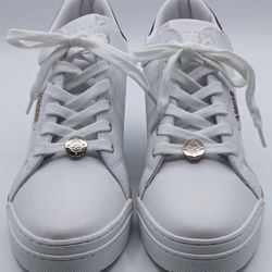 Guess Faster Laceup Fashion Logo Wedge Sneaker. White With Gold/Black/Brown. 9.5 M. $78