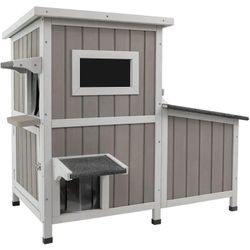 Outdoor Wooden Two-Story Cat House with Extra Room