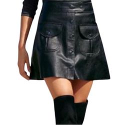 Boston Proper Black Faux Leather Button Front Mini Skirt