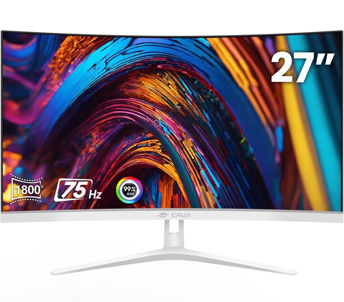White Monitor 27", Full HD(1920x1080P) VA Panel 1800R 75HZ Curved Computer Monitors, 3 Sides