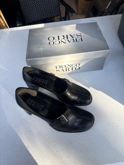 Franco Sarto Trophy Black Leather Block Heel Pumps Women's 6.5 M w/ Box