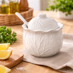 Mikasa White Stoneware Spring Countryside Condiment Jar & Spoon, 4.5x4.5”