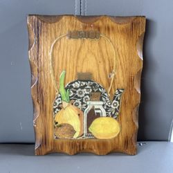 Farmhouse Wood Hanging Plaque with Teapot and Fruit & Vegetables Design
