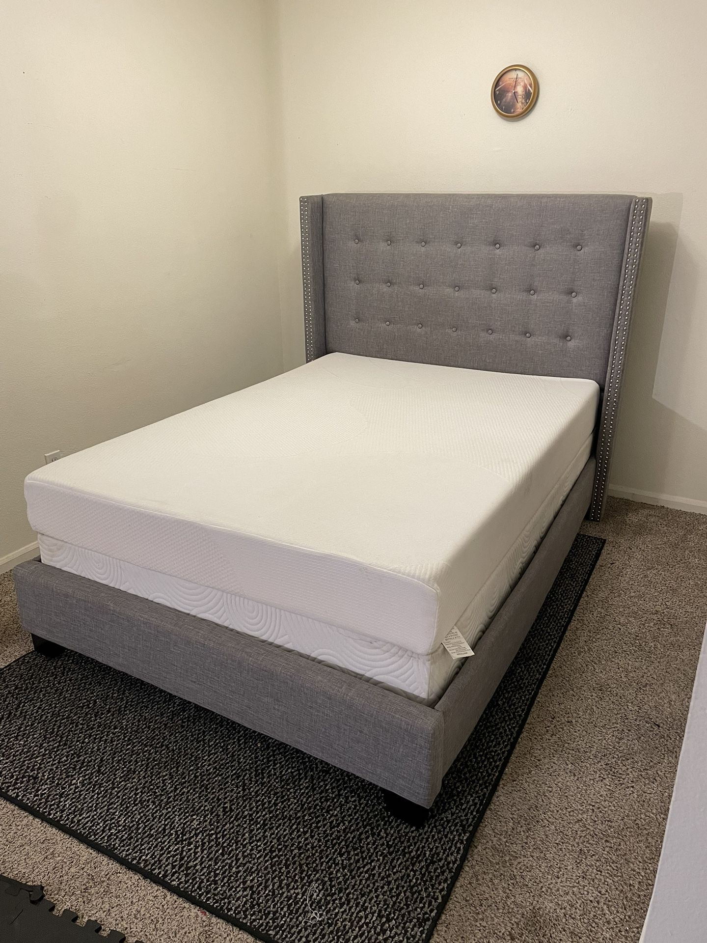 Full Size Gray Upholstery Bed Frame w/ 8 Inch Memory Foam Mattress and