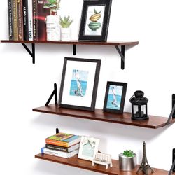 Solid Wood Floating Shelves 48 Inch Wall Book Shelves with Black Brackets