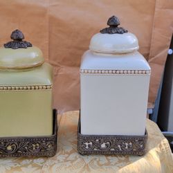 Set of 2 Ceramic Canister Cookie Jar  Jars Yellow & Ivory