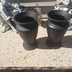 2 flat black tin vases for $7
