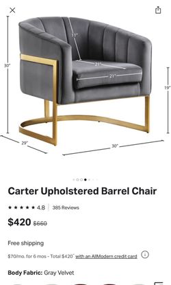 Grey Velvet Barrel Chair/ Accent Chair