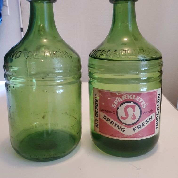 2 Antique Green Glass Sparkletts Spring Drinking Water Bottle 1/2 Gal c1950s ◇ If Still Posted, It Is Still Available ◇