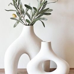 Doughnut Vase, Set of 2 – Large White Ceramic Vase – Minimalist Nordic Hollow | Centerpiece, Olive Plant, Wedding, Living Room, Bookshelf, Office, Mod