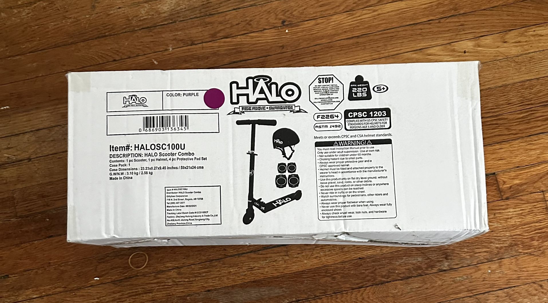 Purple Halo Scooter With Pads And Helmet