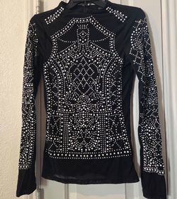 Love J Black Sheer Mesh Rhinestone & Pearl Top – Size S