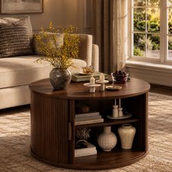 Round Coffee Table with Storage, 31.5" Mid Century Modern Center Table with Sliding Door & Dual Hidden Storage, Fluted Accent Coffee Table for Living 