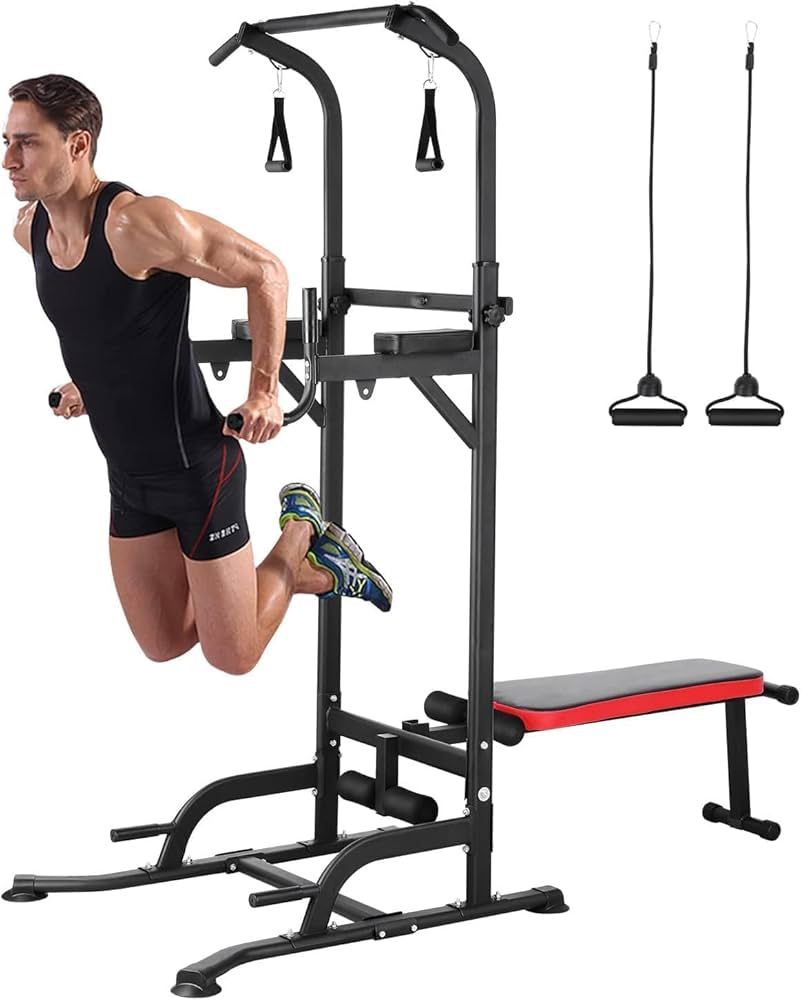 Power Tower with Bench, Pull Up Bar Dip Station, Power Tower Dip Station, Training Workout Equipment, Height Adjustable Pull Up Tower w/Folding Bench 
