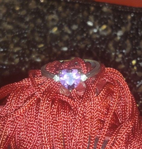 Amethyst Heart Shape Stone Ring 925 Sterling Silver Size 9 Crystal Side Stones