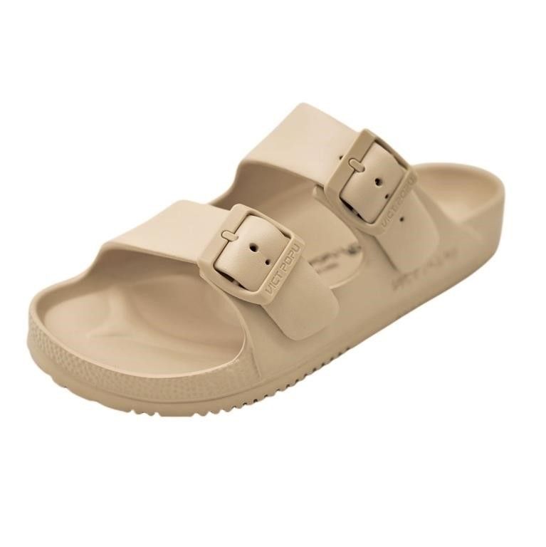 New Women's Sz 9 Beige Khaki Adjustable Buckle Straps Waterproof Slides Sandals