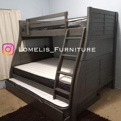 Twin/Full/Twin Gray Hoover Collection Bunk bed w. Orthopedic Mattresses Included 