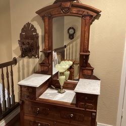 Antique Marble Topped Dresser With Mirror