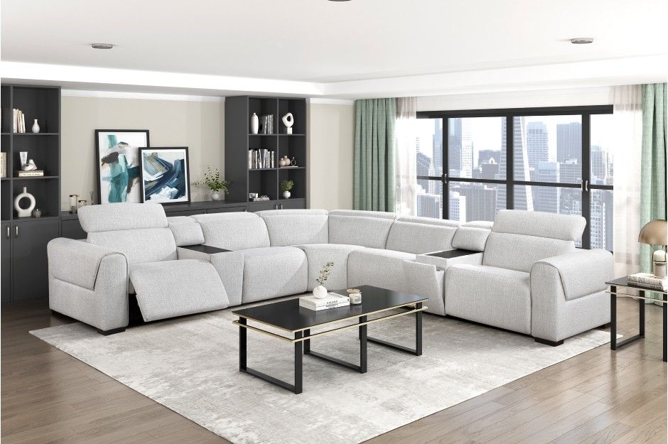 Brand New White Chenille 7-Piece Modular Power Reclining Sectional with Power Headrests (137.5 x 137.5 x 31.5H)