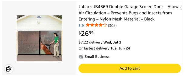 Jobar’s JB4869 Double Garage Screen Door – Nylon Mesh Material – Black