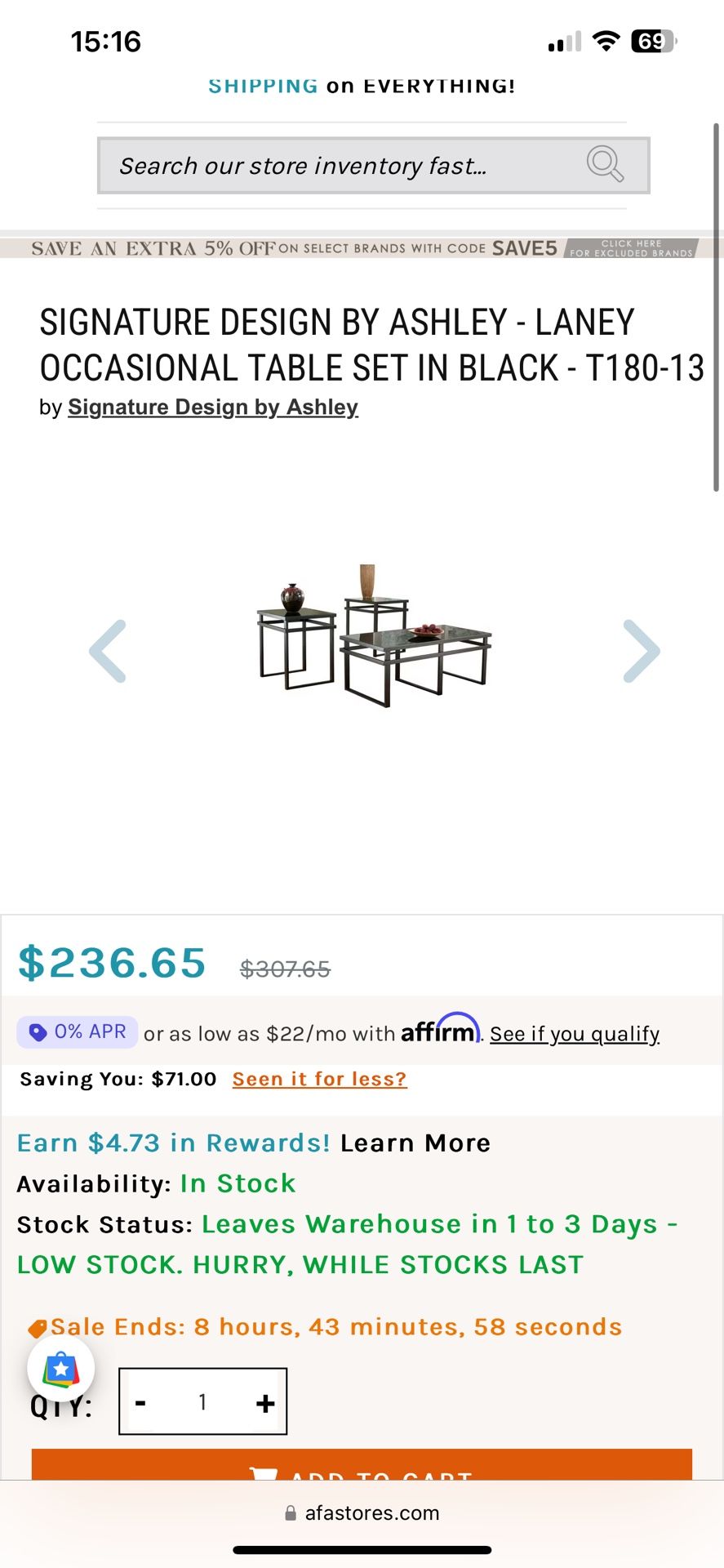 Tempered Glass Coffee Table Set- Black
