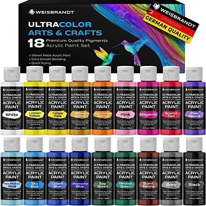 WEISBRANDT Ultra Color Arts & Crafts Acrylic Paint Set–18 Premium Quality Pigments, Matte Finish, 2oz/59 ml, Water-Based, For All Porous Surfaces