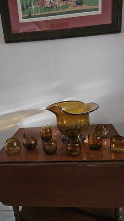 Vintage Hand Blown Amber Punch Bowl