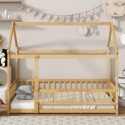 Amren Twin Size House-Shaped Wood Floor Bed with Roof Frame