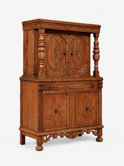Renaissance Revival Carved Tiger Oak Cabinet w/ Walnut Burl Panels, c.1920's - Delivery Available